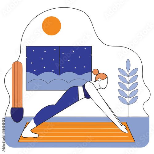Woman practicing yoga in a serene indoor setting at night