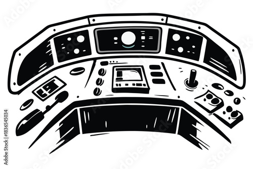 Detailed black and white cockpit with numerous gauges and controls presents an old era look