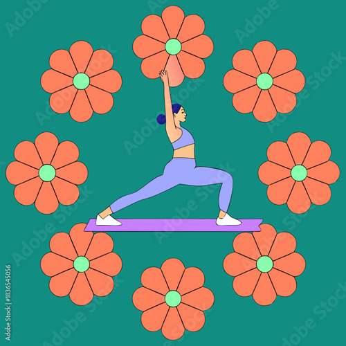 Woman practicing yoga warrior pose surrounded by flowers