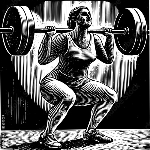 Woman performing a barbell squat in a woodcut style illustration