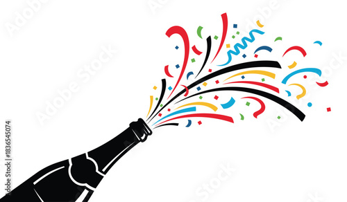 Black champagne bottle with colorful confetti and streamers exploding on white background celebration