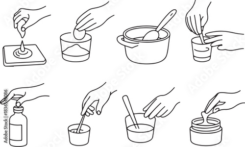 Cosmetics ingredients mixing process step by step in continuous line art drawing style