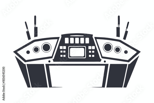 Dark console showcases symmetrical layout featuring buttons, screens, and antenna, simple and clean