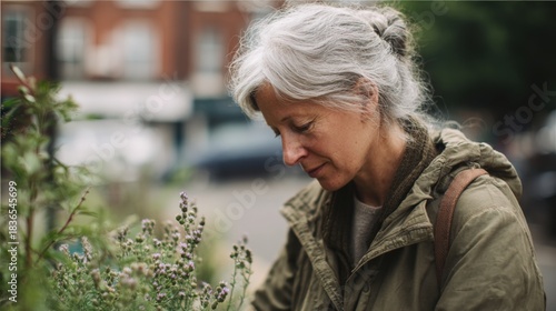 Fototapeta Naklejka Na Ścianę i Meble -  Elderly woman with white hair, wearing a green jacket, standing in a garden. she is looking down at a small plant with purple flowers in front of her.