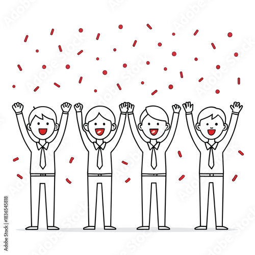 Four stick figure coworkers cheering together in celebration