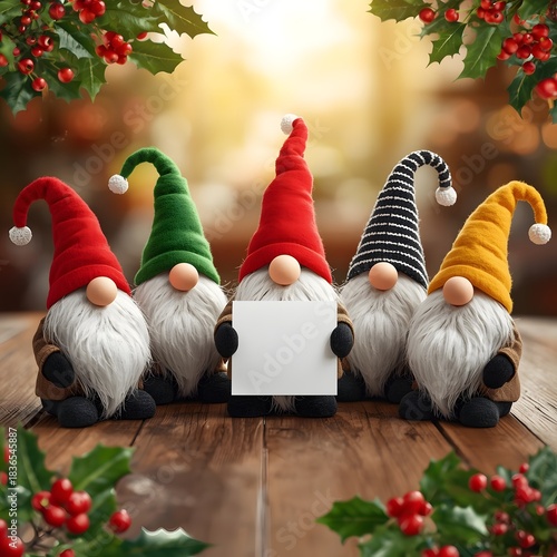a vibrant Christmas table card featuring 5 cheerful gnomes, each dressed in distinct and colorful attire, with the middle gnome holding a blank paper for a greeting text