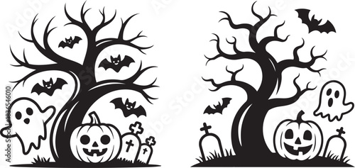 Set of halloween trees with ghosts and pumpkins with bats illustration