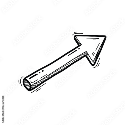 Hand-drawn black and white arrow pointing diagonally upwards on a white background Keywords: arrow, pointing, direction, up, diagonal, hand-drawn, sketch, doodle