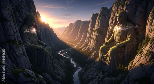 Ancient humanoid statues in a majestic mountain valley landscape at golden hour
