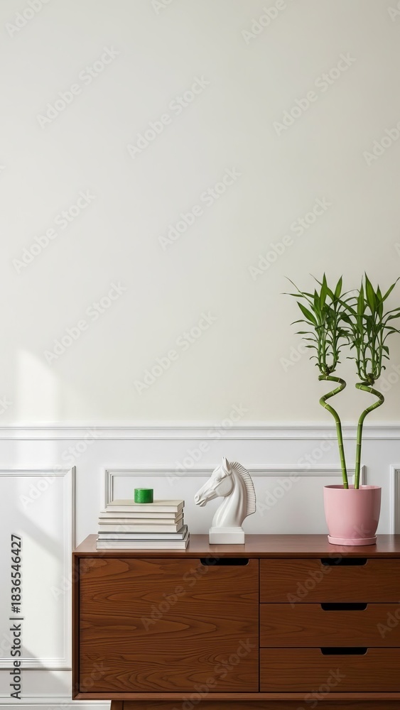 Fototapeta premium Minimalist interior with wooden cabinet plant and decorative objects against a white wall
