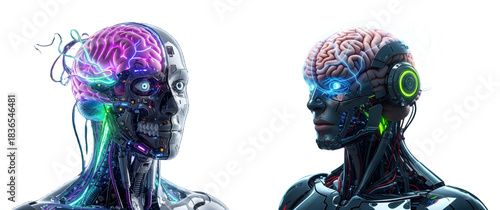 Creative brain-robot digital set, cybernetic fusion concept, neon circuitry, sci-fi dark moody aesthetic, high-res transparent background for design use