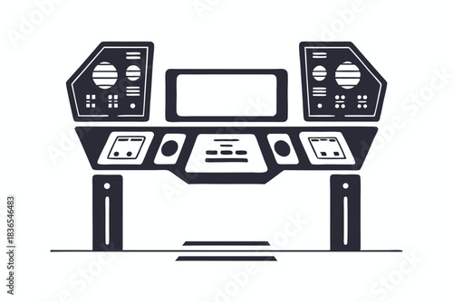 Monochrome spaceship control panel displays circular components above a raised control deck on the floor