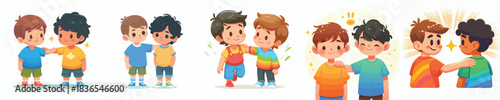 little boy gives support to friend with hand on shoulder gesture