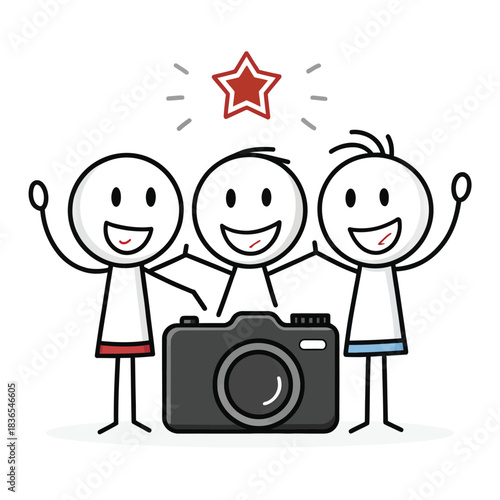 Diverse stick figure friends capture group photo moment