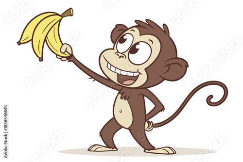 Smiling cartoon monkey cheerfully holds up bunch of yellow bananas high above him