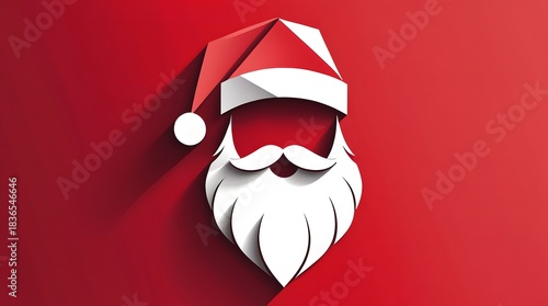 a stylized Santa hat and beard using simple geometric shapes such as triangles and curves on a bold red background