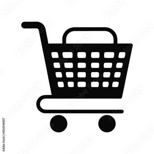 The minimal icon represents a black shopping cart with a handle and four wheels