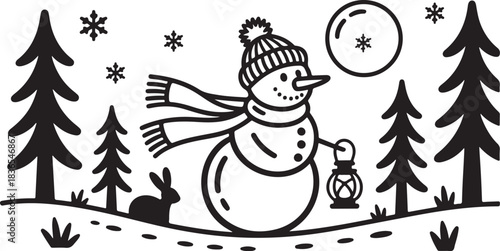 Snowman wearing hat and scarf in the woods with christmas tree and rabbit under moon light