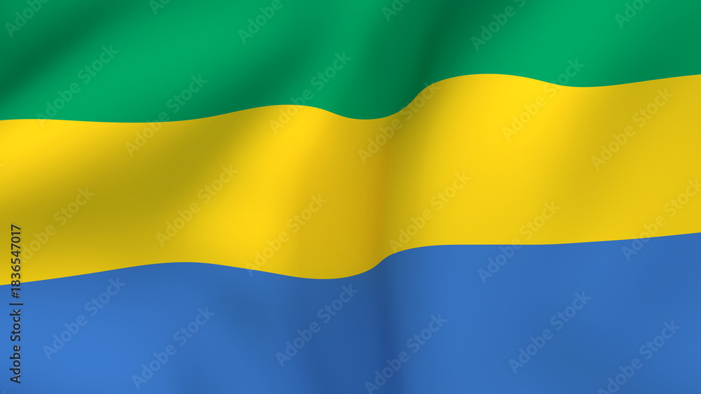 Obraz premium Waving fabric flag of Gabon with horizontal stripes of green, yellow, and blue colors