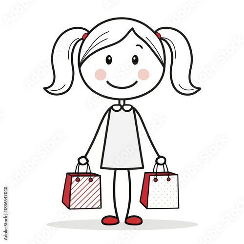 Stick figure girl with ponytail shopping bags