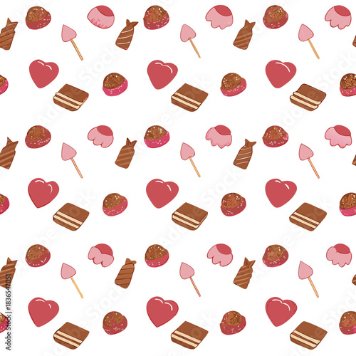 Heart shaped candies, chocolates, and pink sweets create festive design, Heart shaped candies bring colorful love and sweetness to holiday season.