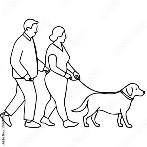Older couple walking dog in outline style, depicting companionship and active senior lifestyle. Older couple enjoys walking dog, creating a heartwarming scene of love and bonding.