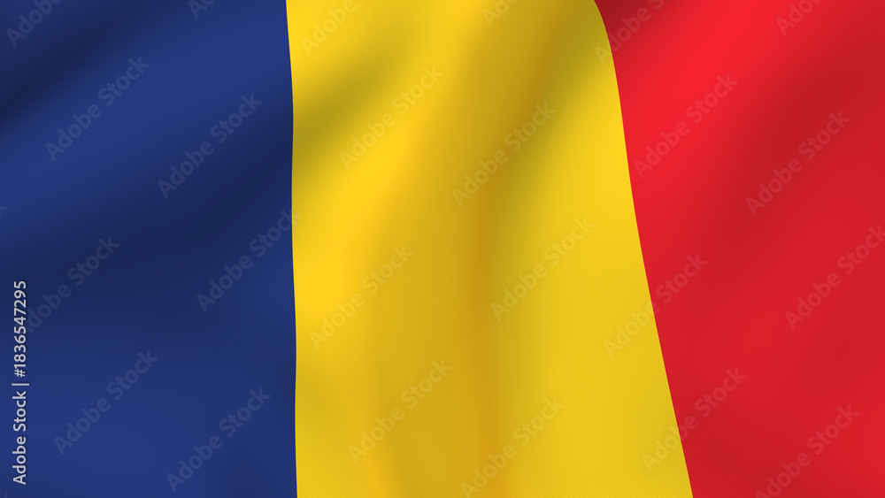 Fototapeta premium Waving Flag of Romania, National Symbol Featuring Vertical Blue, Yellow, and Red Stripes