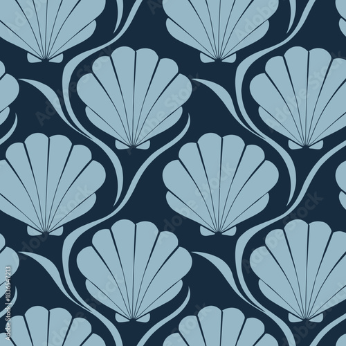 Elegant Blue Seashell Pattern on Dark Navy Background for Textile and Design Projects Seamless Ocean Theme