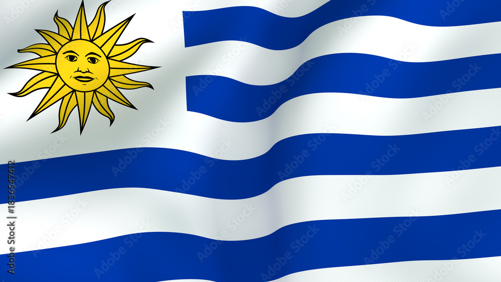 Fototapeta premium Waving Flag of Uruguay, National Symbol with Sun of May and Blue and White Stripes