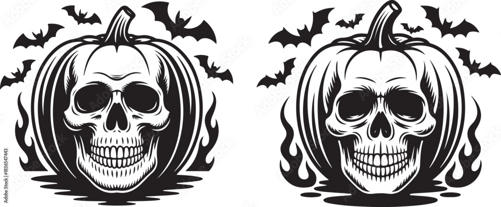 Fototapeta premium Skull in Pumpkin Halloween Decoration Concept, Vector Style, Creepy Theme and Autumn Season