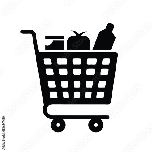 A black shopping cart holds produce and packaged goods against white backdrop
