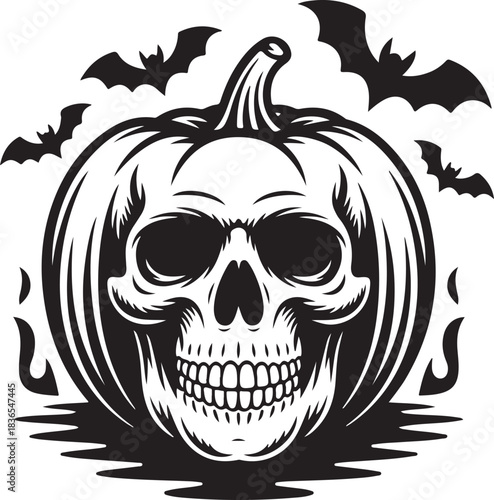 Halloween Skull Face With Pumpkin Decoration Concept, Cartoon Style and Dark Gothic Elements