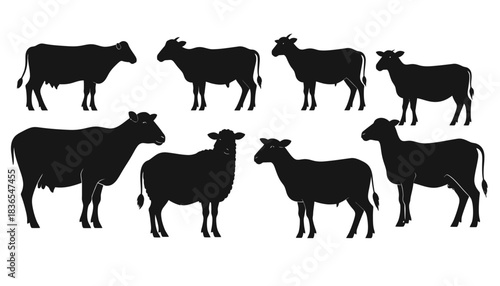 Silhouette Collection of Cows, Goats, and Sheep in Minimalist Farm Animal Vector