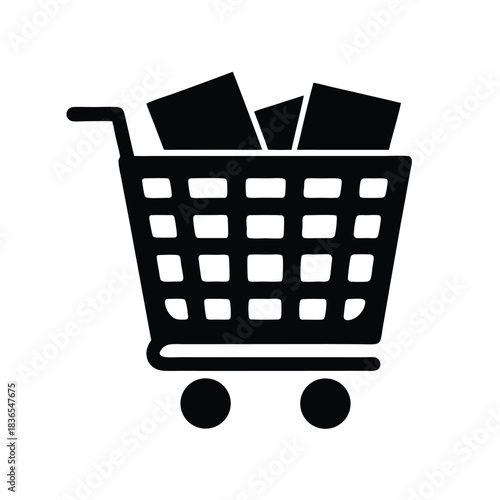 Black shopping cart full with three parcels displays a convenient retail concept
