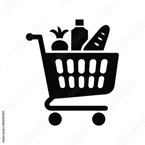 Black shopping cart is full with fresh bread, bottle, and fruits inside