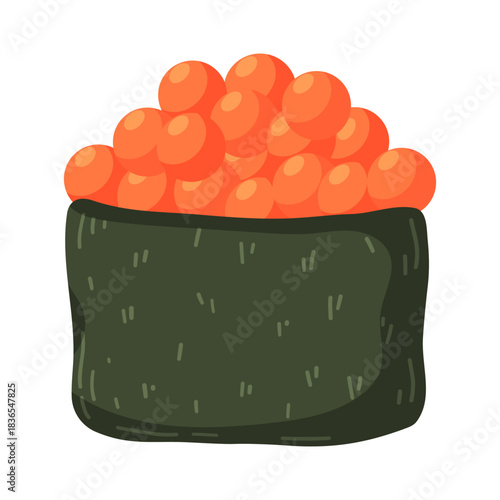 sushi roll with bright orange fish roe resting in dark green seaweed. food is commonly enjoyed in Japanese cuisine