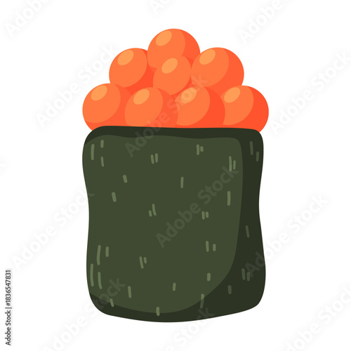 sushi roll is shown with orange salmon roe sitting on top isolated on white. roll is wrapped in seaweed and is placed on plain white surface in a restaurant setting