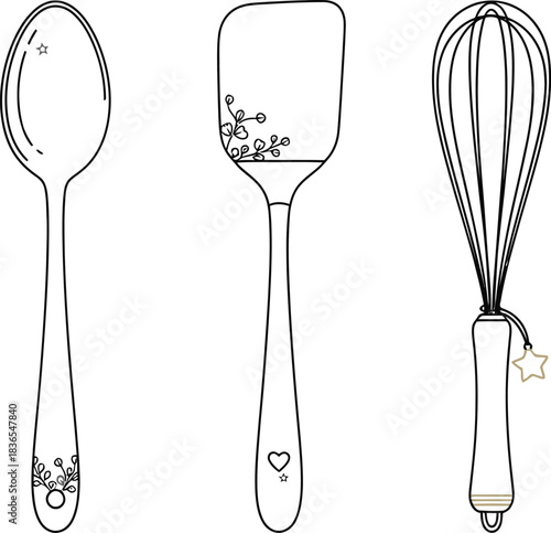 Outline Drawing of Kitchen Utensils Spoon Spatula Whisk with Decorative Elements vector illustration