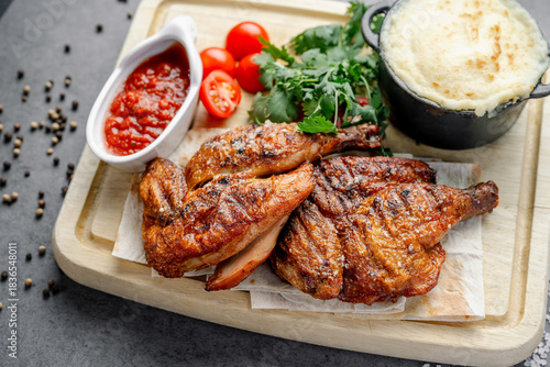 Grilled chicken is placed on a wooden board with sauce, cherry tomatoes, and mashed potatoes at a restaurant. The meal is ready to be enjoyed