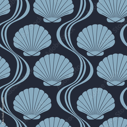 Seamless pattern featuring elegant seashells and swirling lines in blue tones a nautical themed design wallpaper or fabric print