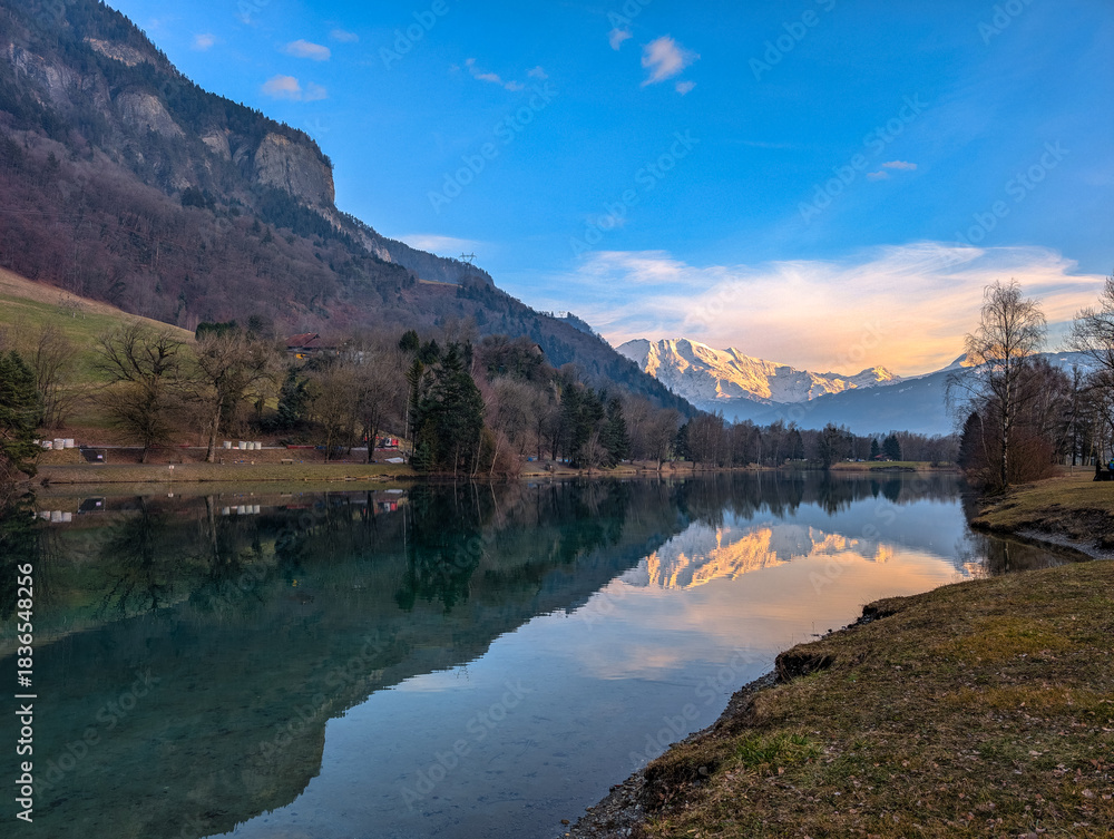 Fototapeta premium Sunset at Lac Des Ilettes lakes near Passy, France