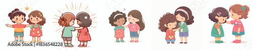 little girl gives support to friend with hand on shoulder gesture