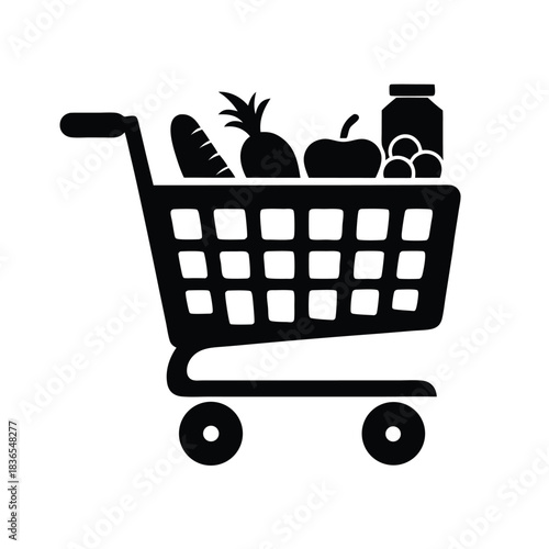 Black shopping cart with food items inside isolated on white displays fresh produce