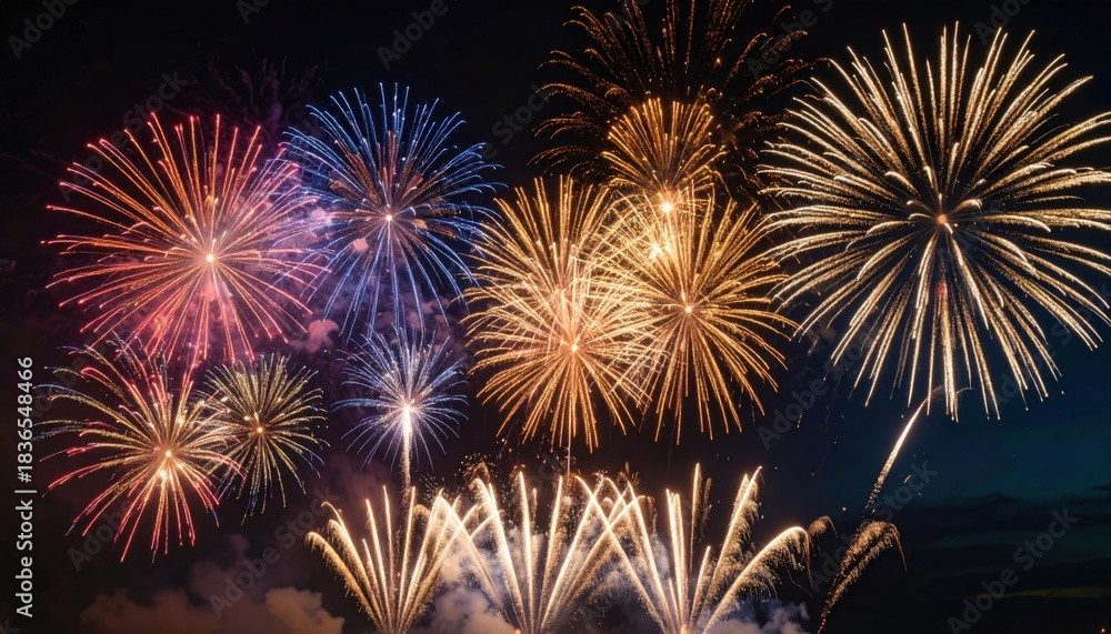 Naklejka premium Stunning night sky explodes with vibrant red blue and gold fireworks celebrating a joyous festive occasion
