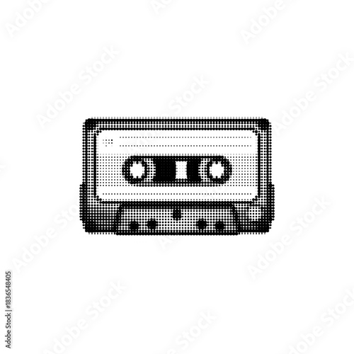 Halftone retro audio cassette illustration in black and white, vintage tape design suitable for music, nostalgia, and retro-themed creative projects.