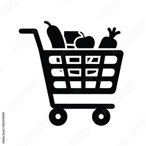 A black shopping cart contains food items, showing a simple grocery icon representation