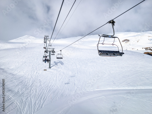 Mountains and skiing in Les Contamines, French alps.