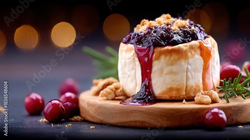 Gourmet Baked Brie Cheese with Berry Jam, Walnuts, and Cranberries