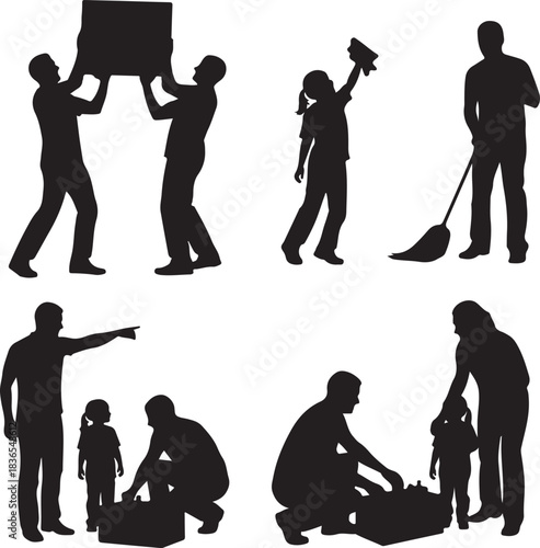 Black silhouettes of people performing various tasks