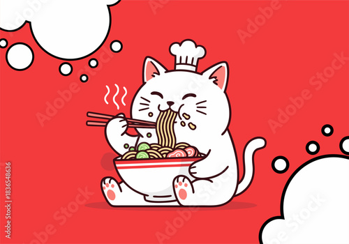cute chef cat eating ramen cartoon vector illustration